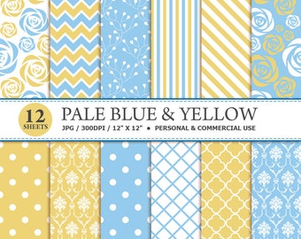 12 Pale Blue & Yellow Digital Scrapbook Paper, digital paper patterns for card making, invitations, scrapbooking