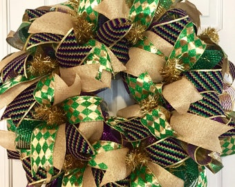 Simple Mardi Gras Wreath, Mardi Gras Deco Mesh Wreath, Simple Carnival Wreath
