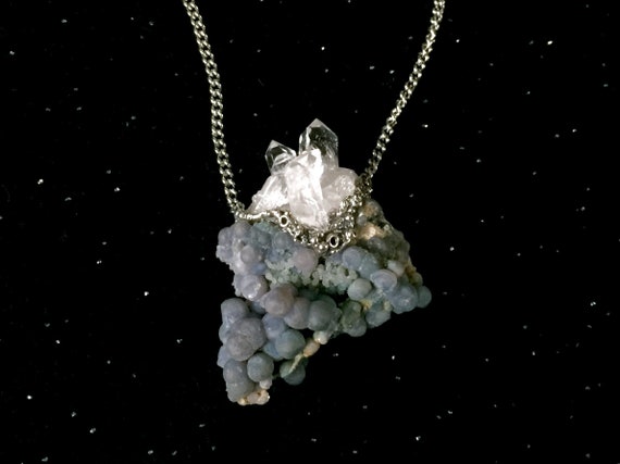 Long Purple Chalcedony + Quartz Point Crystal Pendant Fusion Statement Necklace Sterling Silver Natural Texture Detail Stainless Steel Chain