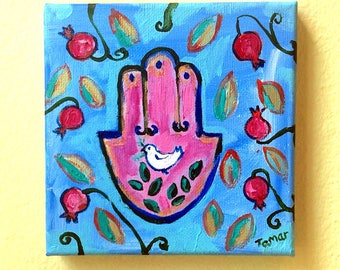 Jewish Wall Art, Shalom Artwork, Hamsa, Peace Dove, Pomegranates, Original Acrylic Painting, Peace Dove with Olive Branch, Judaica Gifts