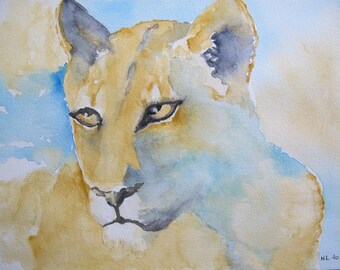 Lioness in shades of ochre and blue watercolor