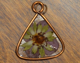 Handmade pendant with recycled copper and pressed salmonberry