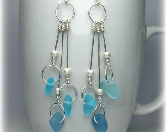 Sea glass earrings Sterling silver Drop earrings Turquoise blue earrings Sea glass jewelry Long Dangle earrings Womens Jewelry Gift for wife