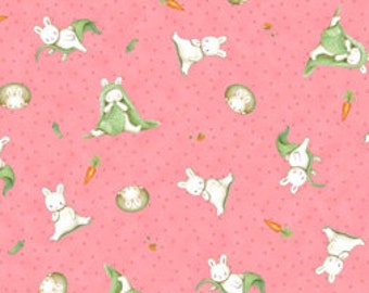 Children's Fabric Who's A Bunny tossed cotton fabric in pink by Quilting Treasures