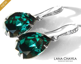 Emerald Crystal Earrings Swarovski Emerald Rhinestone Wedding Earrings Green Teardrop Dangle Earring Prom Emerald Jewelry Bridesmaid jewelry