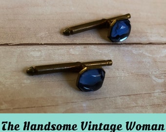 Blue Vintage Cabochon Shirt studs, Spring Loaded Shirt Studs, Tuxedo Dress Set, Blue Dome Cabochon
