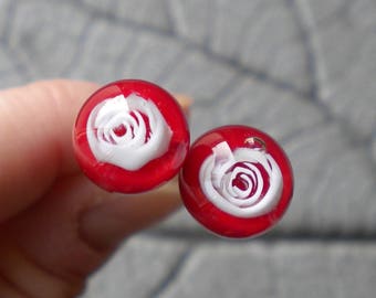 Rose Bud Glass Headpins Lampwork Beads by Cherie Sra R114 Disk Flameworked Beads Headpins 20 Gauge Copper Headpins Rose Murrini Red White