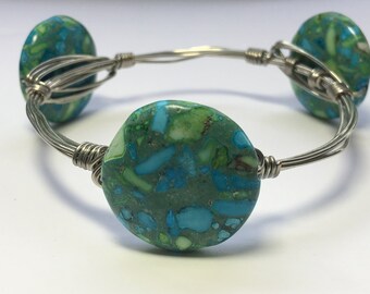 Turquoise patterned stone wire wrapped bracelet