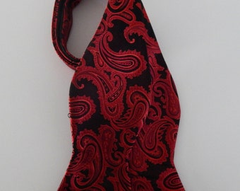 Mens Bow Tie Red Paisley On Black Adjustable Neck Self Tie Bow Tie