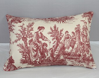 Lumbar Pillow Waverly Red Garnet French Toile Country Life 14 x 9 inches