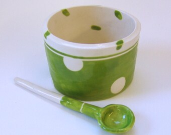 whimsical pottery Serving Bowl w/ handmade ceramic spoon lime green & white polka-dots, salt dish, condiment dish, sugar bowl