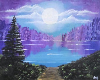 Purple Moonlight Night Lake landscape