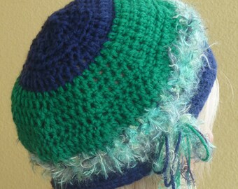 Women's winter hat in blue and green, original crochet hat, beautiful designer hat, emerald green winter hat, Bohemian accessories