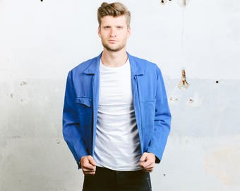 Moleskin Work Jacket . Mens Vintage Chore Coat Faded Distressed Jacket Indigo Blue Workwear Car Mechanic Blazer Hipster Outfit. size XL