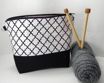 Black and white Knitting bag, Crochet project bag, small work in progress knitters gift, gift for knitter, crochet gift, black white bag