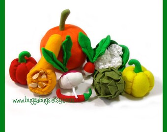GARDEN VEGGIES - Felt Food PDF Pattern (Pumpkin, Artichoke, Bell Pepper, Radish, Turnip, Butternut Squash, Cauliflower, Jalapeño)