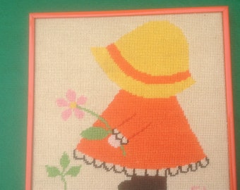 Holly Hobbie style Needlepoint 1972 Framed