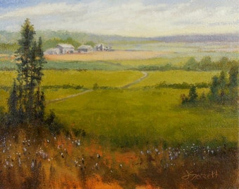 Levee Road Farm_Original Oil Painting in Wood Frame_ Pochade Box Painting_Alla Prima Study_En Plein Air