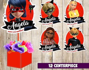 12 miraculous ladybug centerpieces, miraculous ladybug printable centerpieces, miraculous ladybug party supplies,miraculous ladybug birthday