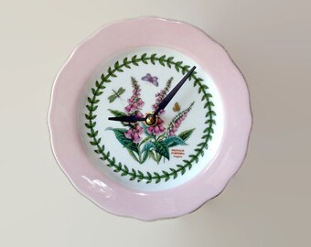 6.5" Floral Wall Clock, Pink Foxglove Clock, Small Wall Clock, SILENT Porcelain Plate Clock, Unique Wall Decor, Kitchen Clock 2034