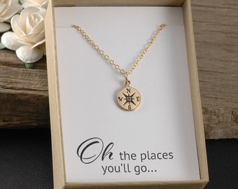 Compass necklace, graduation gift, gold or silver compass necklace - gold-filled chain, oh the places you'll go, gift boxed card