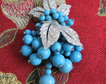 Vintage 1940s Miriam Haskell Frank Hess Pin Turquoise Berry Rhinestone 40s Brooch