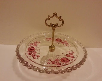 Glass Serving Tray with Pink Flowers and Center Handle