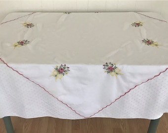 Sheer White Tablecloth With Embroidered Flowers/ 44 Inch Square Embroidered Tablecloth/ Vintage Table Linens/ Vintage Linens/ Tablecloths