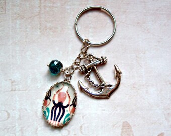 Key-ring cabochon Octopus anchor silver