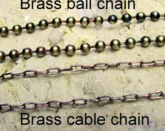 Brass Chain, Brass Ball Chain, Brass Cable Chain, Rustic Vintage Antiqued Brass Chain, A La Carte Brass Chain, Select Bead Ball or Cable