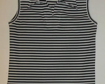 Vintage Black White Striped Shirt Top Sleeveless with Collar M Bambergers