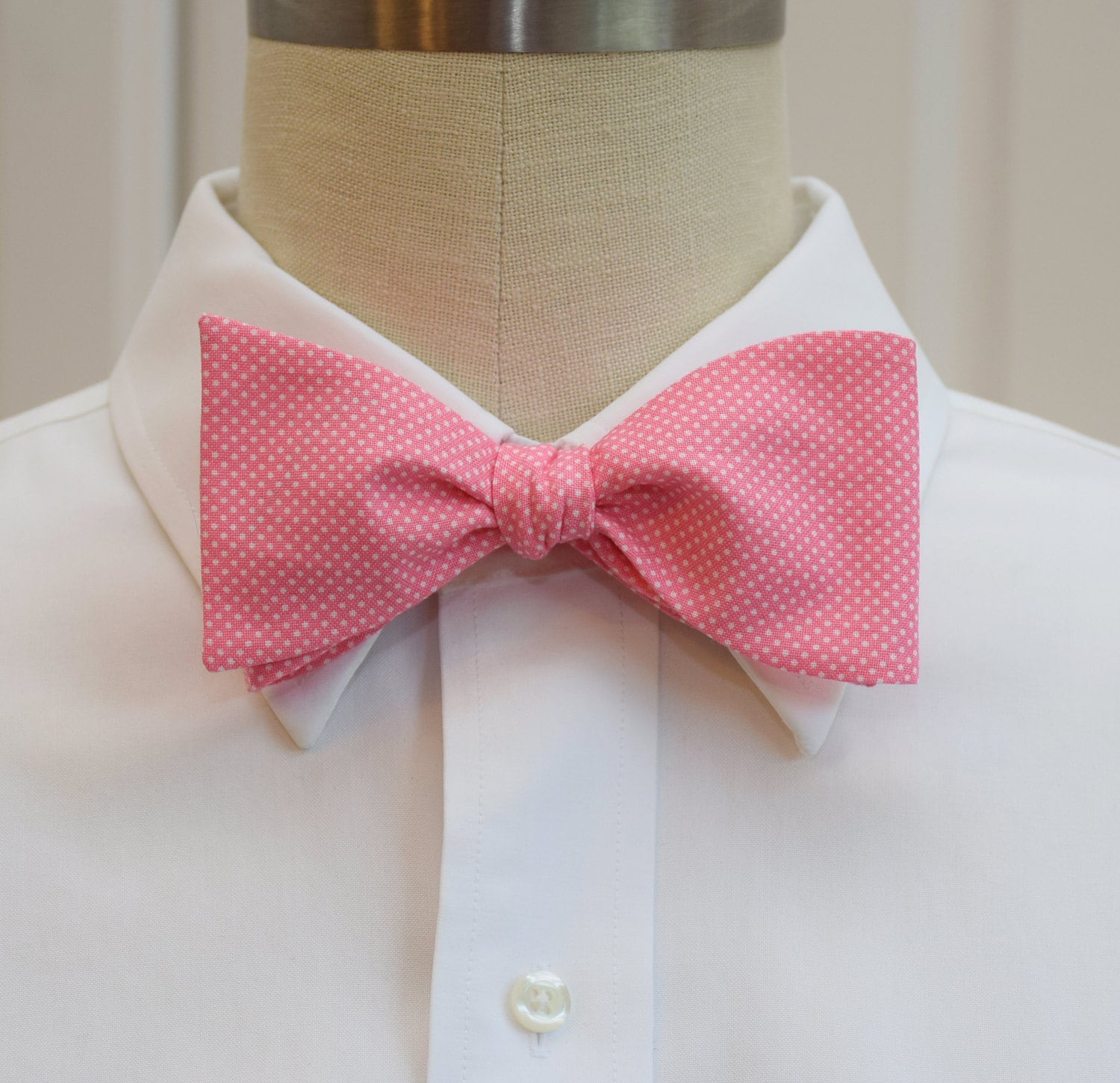 Men's Bow Tie, pink with white dots, rose pink bow tie, wedding bow tie