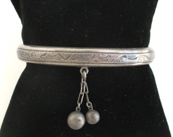 Sterling Silver Hinged Bangle Bracelet w/ Dangles - Vintage / Antique, Ornate Etched Outside Pattern, Smaller