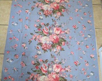 Vintage Barkcloth Fabric Roses Tulips Shabby