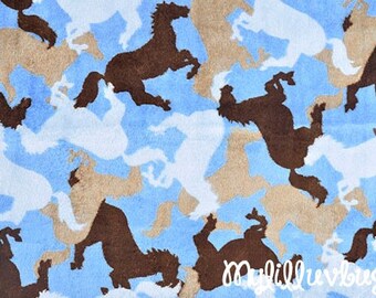 Minky fabric by the yard- Horsin around sky blue and brown horse minky- minky cuddle one yard