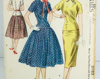 McCalls 3182 Vintage Sewing Pattern Two Piece Dress Slim Full Skirt FF 1955