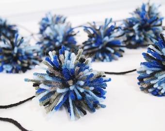FREE SHIPPING Blue/Gray/Black Yarn Pom Pom Garland
