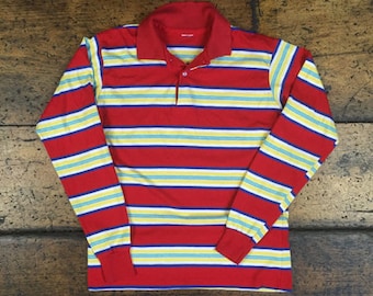 Vintage 70s Style Striped Long Sleeve Henley Polo Shirt Sz S