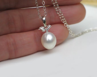 White Pearl Pendant | Freshwater Drop Pearl | Apple Leaf Motif | Sterling Silver Chain Necklace | Everyday Pearl | Birthday | Ready to Ship