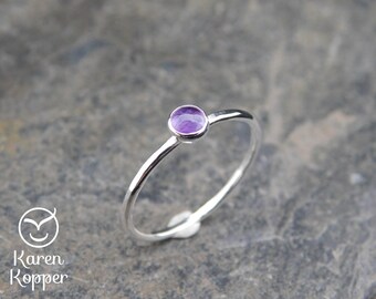 February birthstone ring - Amethyst Skinny sterling silver ring, 4mm stone, hammered, 1.2 mm ring. Skinny ring, thin ring, stacking ring.