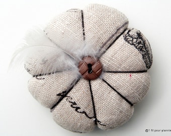 Spade - needles flower, small vintage printed linen cushion, pincushion.