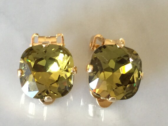 Khaki Swarovski Crystal Clip On Earrings, Yellow Gold