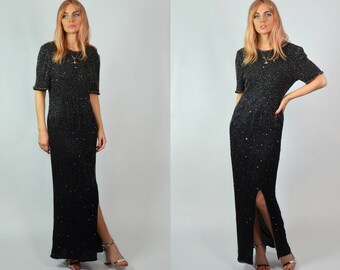 Vintage Black Sequin / Beaded Gatsby Floor Length Evening Dress