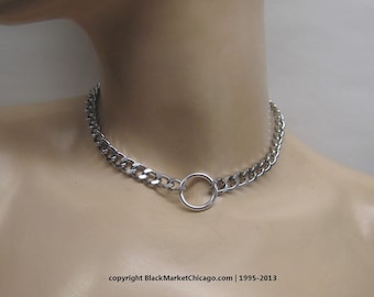 BDSM Day Collar Lockable O Ring 316L Stainless Steel Chain Necklace Choker with Mini Heart Padlock or Lobster Clasp Closure