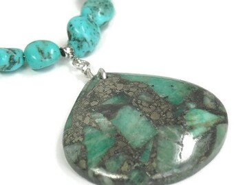 Genuine Turquoise, Turquoise Necklace, Turquoise Pyrite Pendant, Real Turquoise, Cripple Creek Turquoise Nuggets, Southwest, Gemstone