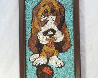 1960s Gravel Art, Vintage Gravel Art Basset Hound Dog , Sad Dog Pebble Stone Art, Kitschy Retro Mixed Media Art, Aquarium Gravel Art