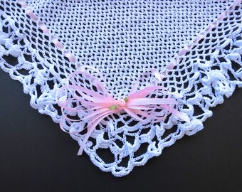 White Hand Knit Crochet Baby Blanket of Light Thread
