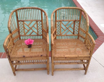 BAMBOO BRIGHTON Style CHAIRS / Pair of Chinese Chippendale Rattan Chairs / 2 Bamboo and Cane Chinoiserie style Chairs at Retro Daisy Girl