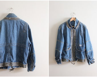 vintage 80s Gasoline denim bomber jacket / 80s jean jacket - stonewashed denim designer jacket / New Wave jacket - 1980s slouchy denim