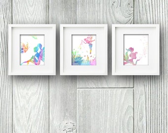 Set of 3 Watercolor Fairy PRINTABLE DOWNLOAD Wall Art Instant Digital Print Poster Garden Faries Butterflies Dragon Flies Flower Bubbles